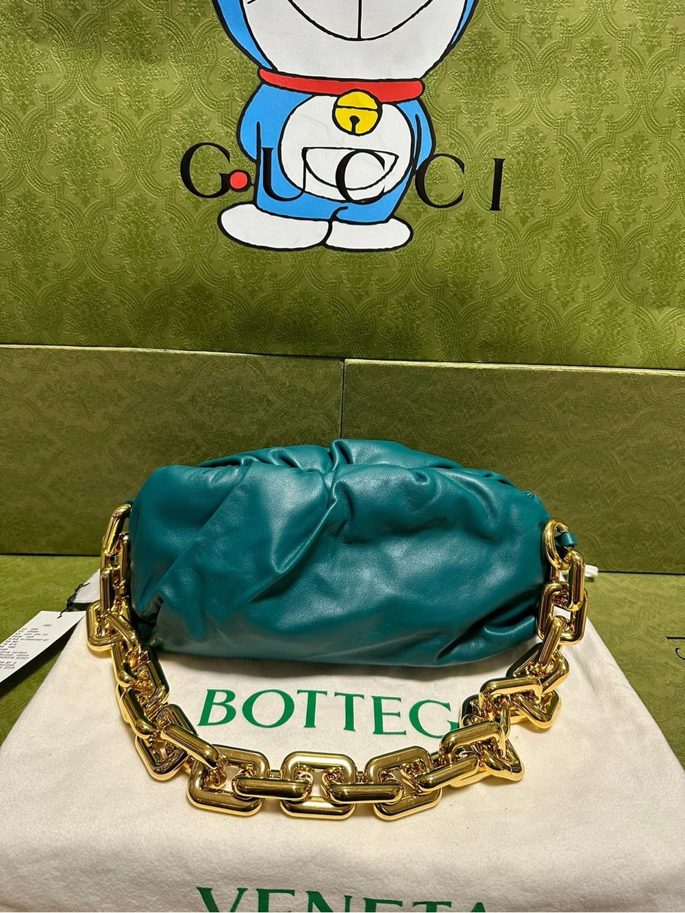 🚩steal Bottega Veneta Teal Nappa Leather Chain Shoulder Bag with Gold Hardware